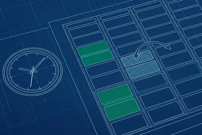 Blueprint schematic of a weekly planner with booked slots and an arrow moving one to another time