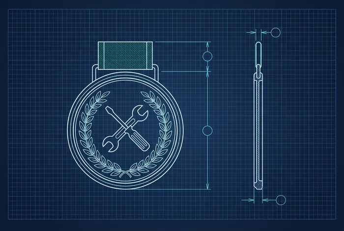 Blueprint drawing of a specialist's medal bearing a crossed spanner and screwdriver in a laurel wreath