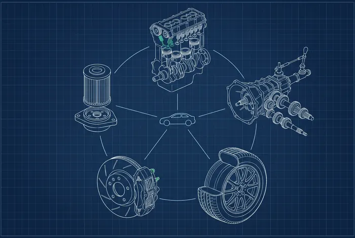 Blueprint diagram of a vehicle surrounded by its serviceable systems: engine, gearbox, wheel, brake disc and oil filter