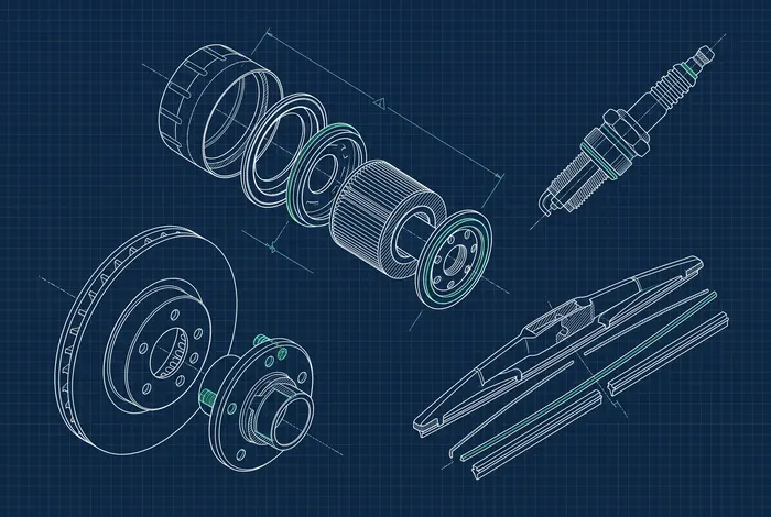 Exploded blueprint of service parts: a brake disc, an oil filter, a spark plug and a wiper blade